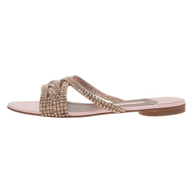 Pre Owned Gina Pink and Bronze Crystal Embellished Flat Slides Size 39