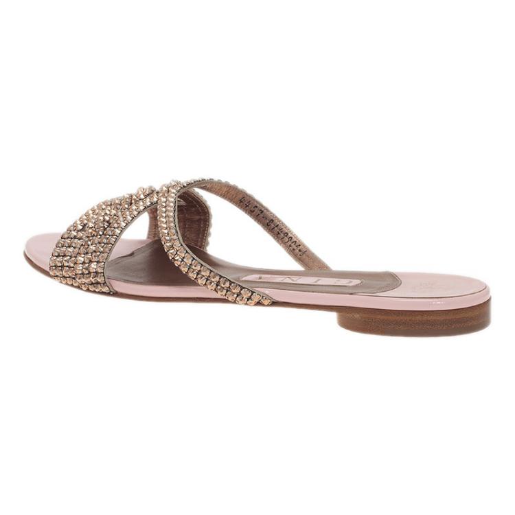 Pre Owned Gina Pink and Bronze Crystal Embellished Flat Slides Size 39