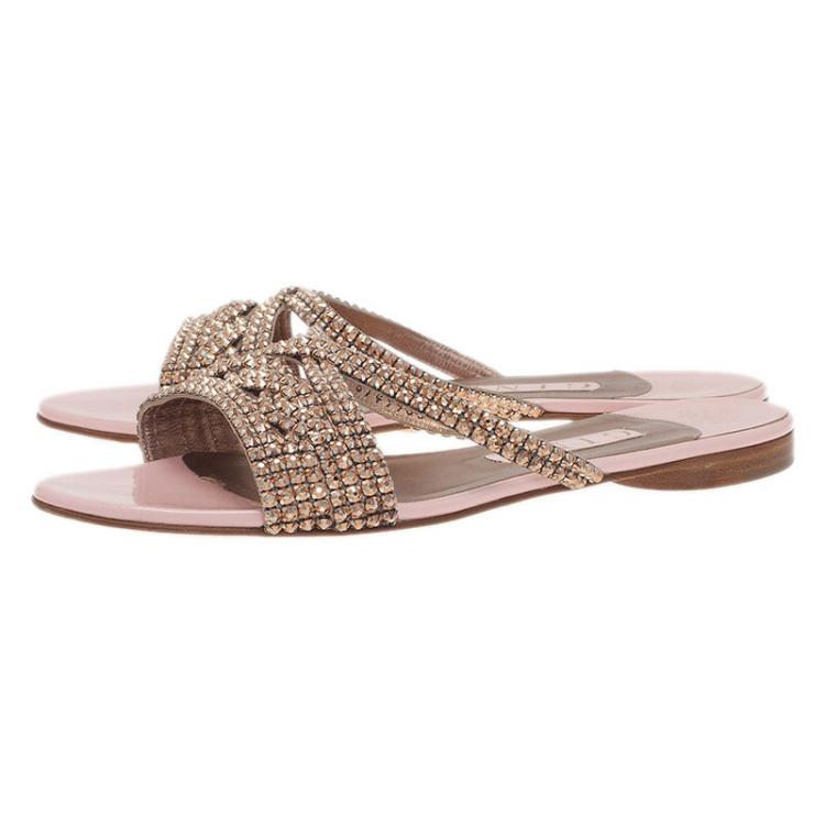 Pre Owned Gina Pink and Bronze Crystal Embellished Flat Slides Size 39