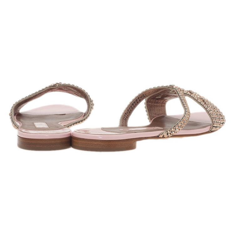 Pre Owned Gina Pink and Bronze Crystal Embellished Flat Slides Size 39