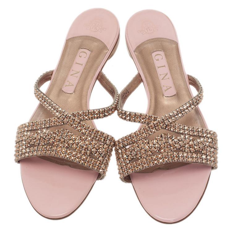 Pre Owned Gina Pink and Bronze Crystal Embellished Flat Slides Size 39