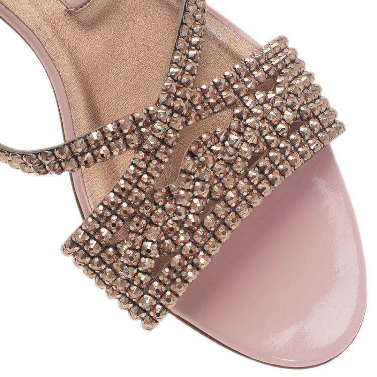 Pre Owned Gina Pink and Bronze Crystal Embellished Flat Slides Size 39