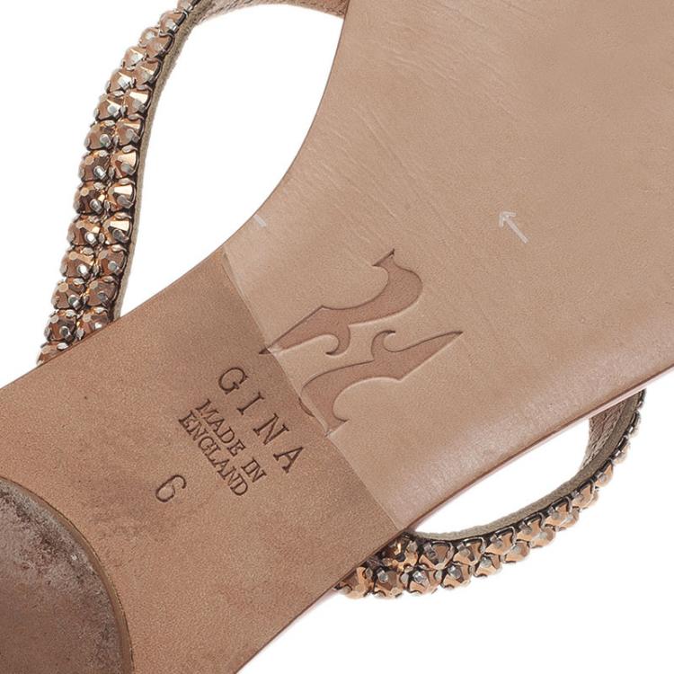 Pre Owned Gina Pink and Bronze Crystal Embellished Flat Slides Size 39