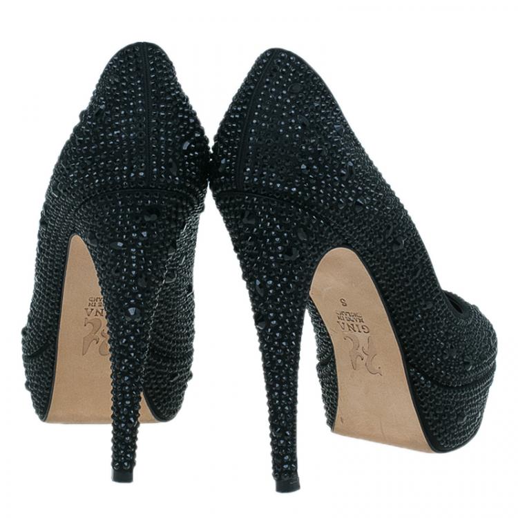 Pre Owned Gina Black Crystal Coated Platform Pumps Size 39