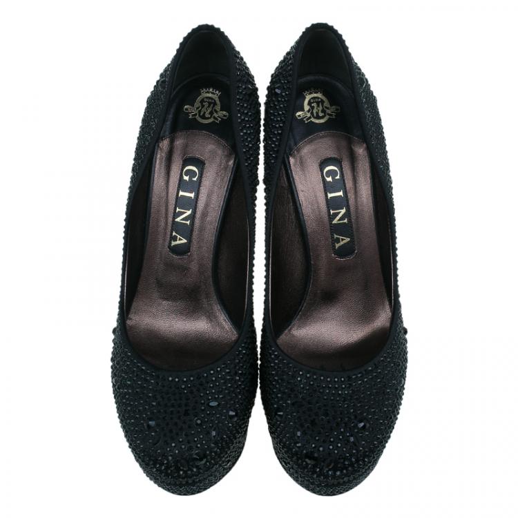Pre Owned Gina Black Crystal Coated Platform Pumps Size 39
