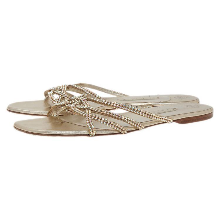 مملوكة مسبقًا Gina Gold Crystal Flat Slides Size 41