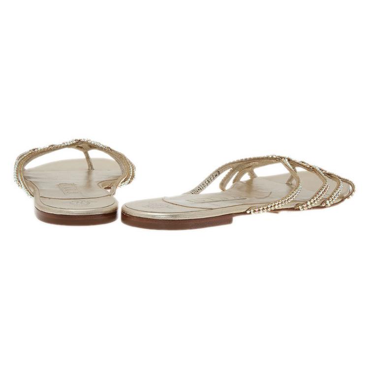 مملوكة مسبقًا Gina Gold Crystal Flat Slides Size 41