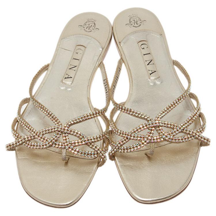 مملوكة مسبقًا Gina Gold Crystal Flat Slides Size 41