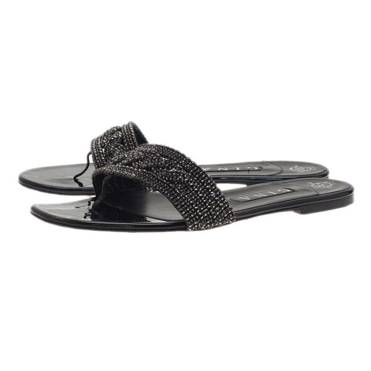 Pre Owned Gina Black Athena Crystal Flat Sandals Size 40