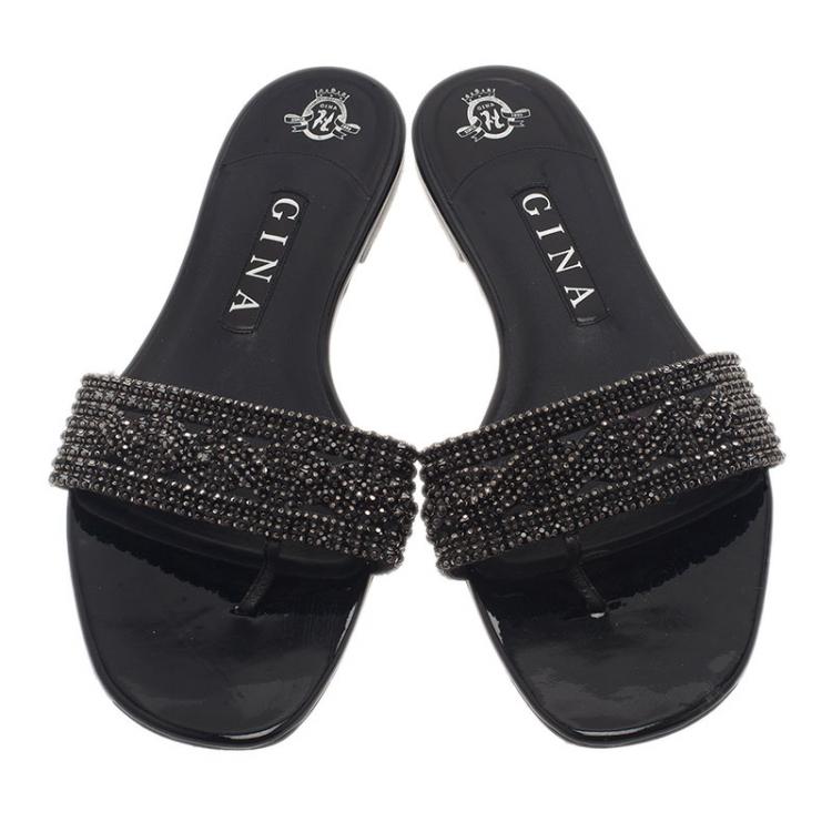 Pre Owned Gina Black Athena Crystal Flat Sandals Size 40