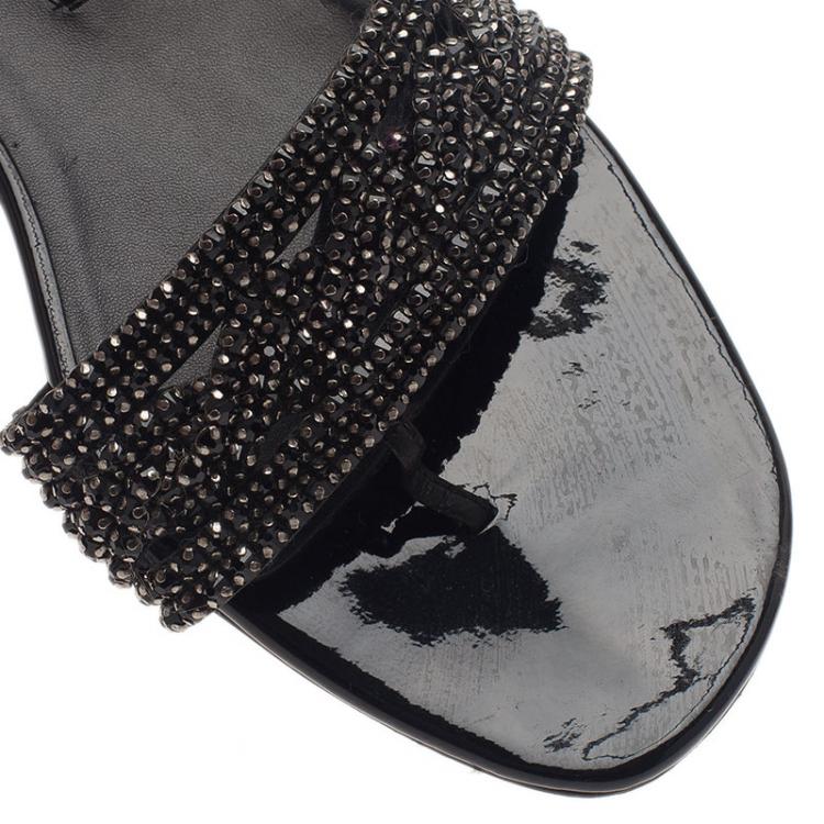 Pre Owned Gina Black Athena Crystal Flat Sandals Size 40