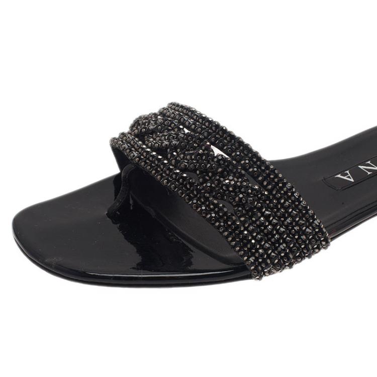 Pre Owned Gina Black Athena Crystal Flat Sandals Size 40