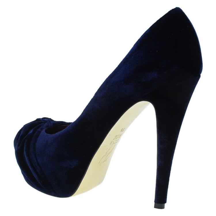 Pre Owned Gina Navy Blue Velvet Clair Platform Pumps Size 38.5
