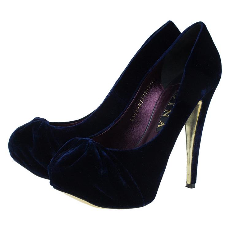 Pre Owned Gina Navy Blue Velvet Clair Platform Pumps Size 38.5