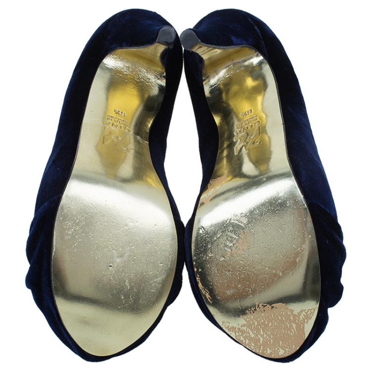 Pre Owned Gina Navy Blue Velvet Clair Platform Pumps Size 38.5