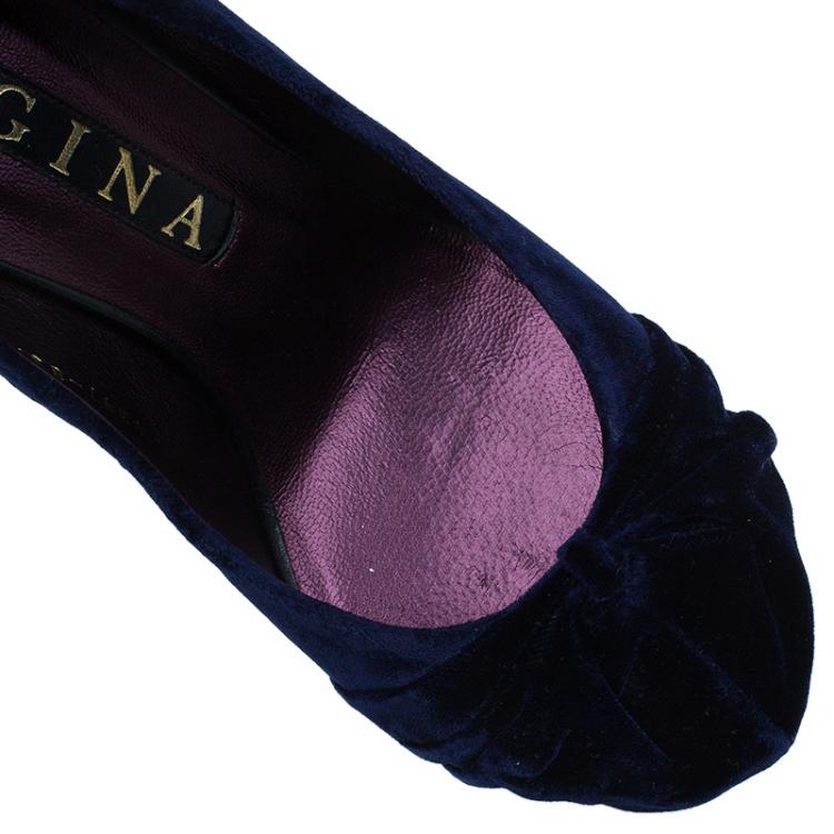 Pre Owned Gina Navy Blue Velvet Clair Platform Pumps Size 38.5