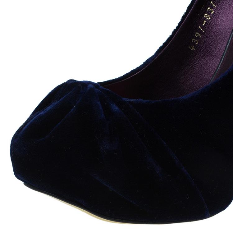 Pre Owned Gina Navy Blue Velvet Clair Platform Pumps Size 38.5