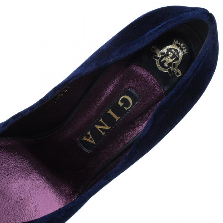 Pre Owned Gina Navy Blue Velvet Clair Platform Pumps Size 38.5