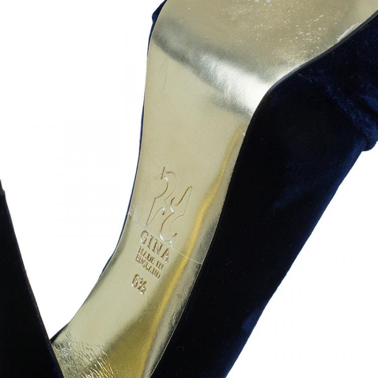 Pre Owned Gina Navy Blue Velvet Clair Platform Pumps Size 38.5