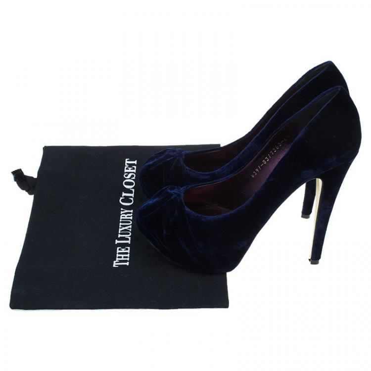 Pre Owned Gina Navy Blue Velvet Clair Platform Pumps Size 38.5