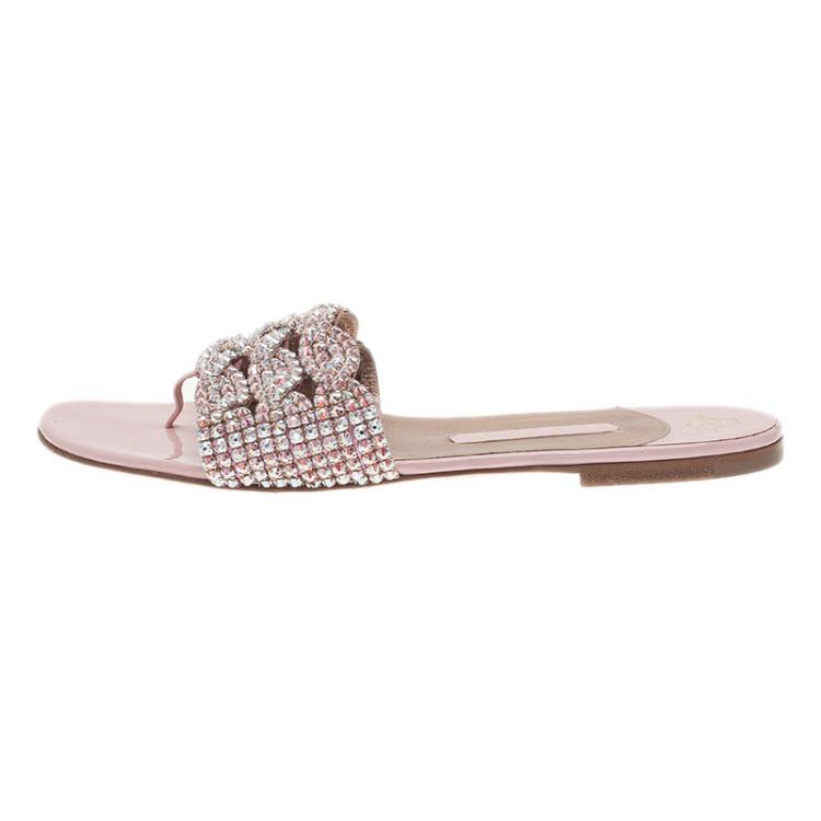 Pre Owned Gina Pink Crystal Embellished Dawn Flat Slides Size 40