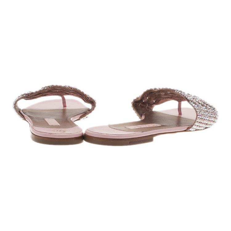 Pre Owned Gina Pink Crystal Embellished Dawn Flat Slides Size 40