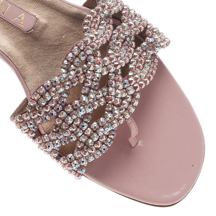 Pre Owned Gina Pink Crystal Embellished Dawn Flat Slides Size 40