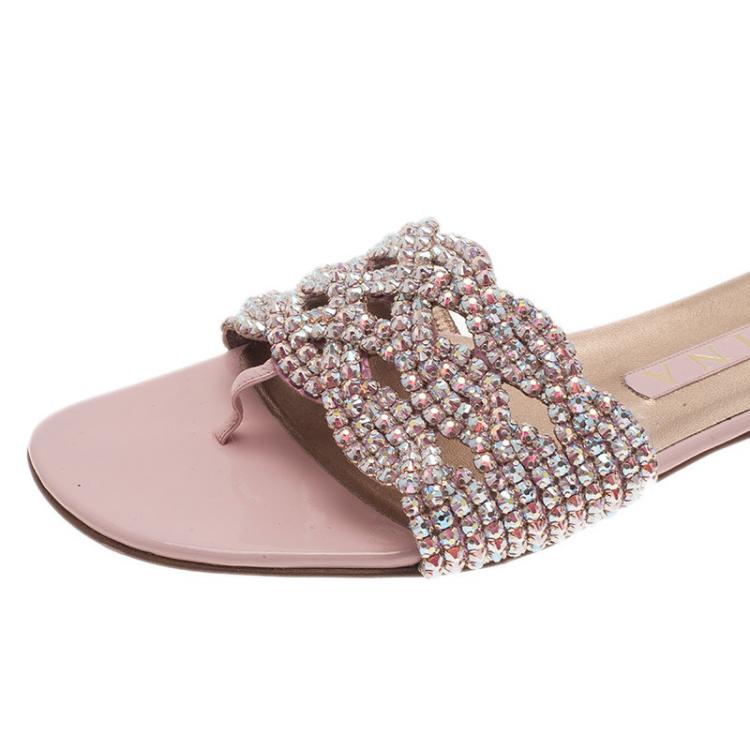 Pre Owned Gina Pink Crystal Embellished Dawn Flat Slides Size 40