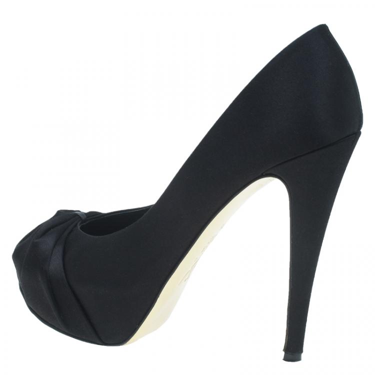 Pre Owned Gina Black Satin Claire Hoodie Platform Pumps Size 39.5