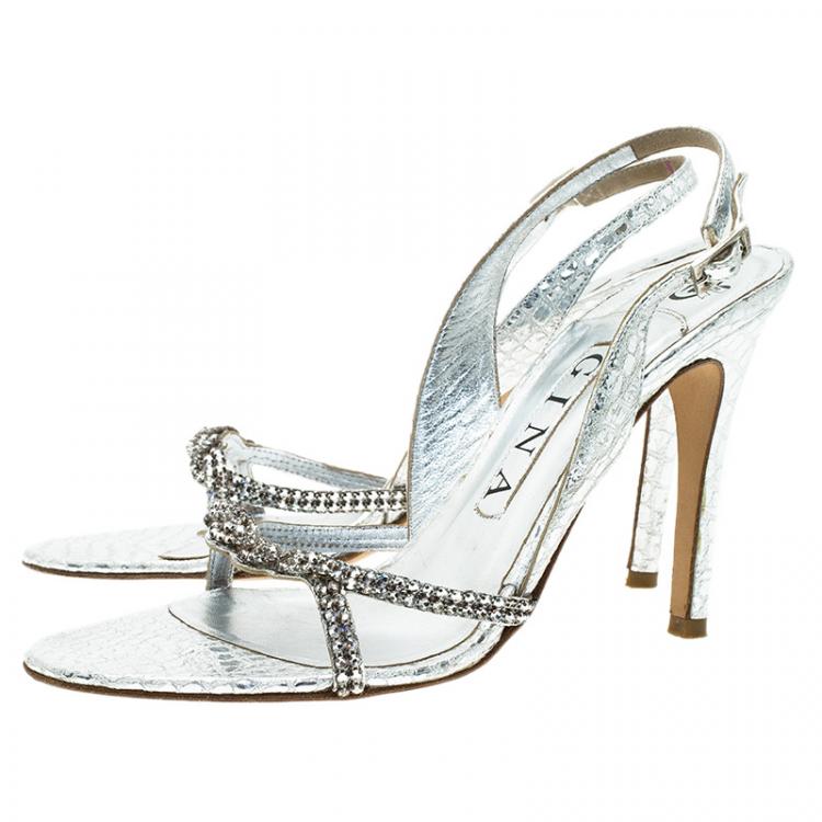 Pre Owned Gina Silver Croc Embossed Swarovski Crystal Embellished Naomi Slingback Sandals 37.5