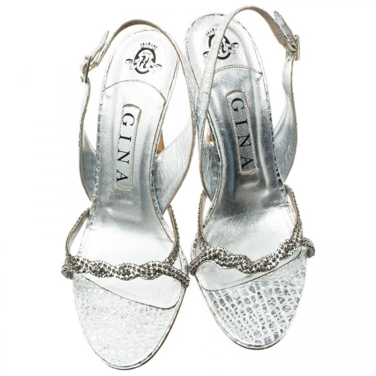 Pre Owned Gina Silver Croc Embossed Swarovski Crystal Embellished Naomi Slingback Sandals 37.5