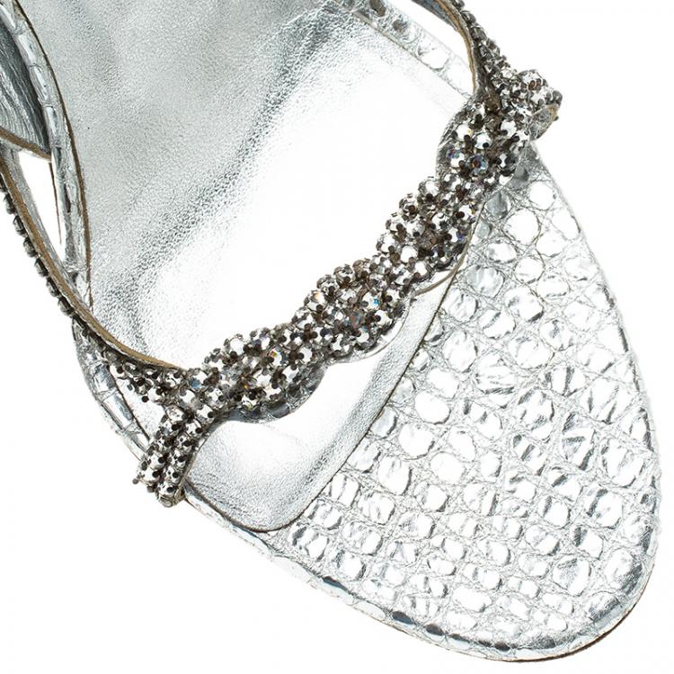 Pre Owned Gina Silver Croc Embossed Swarovski Crystal Embellished Naomi Slingback Sandals 37.5
