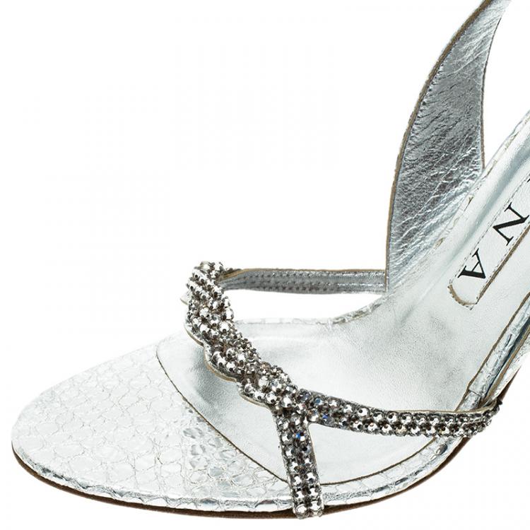 Pre Owned Gina Silver Croc Embossed Swarovski Crystal Embellished Naomi Slingback Sandals 37.5