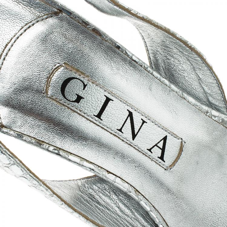 Pre Owned Gina Silver Croc Embossed Swarovski Crystal Embellished Naomi Slingback Sandals 37.5