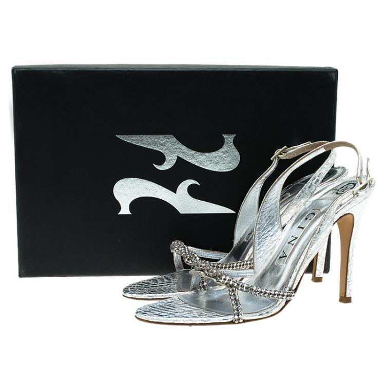 Pre Owned Gina Silver Croc Embossed Swarovski Crystal Embellished Naomi Slingback Sandals 37.5