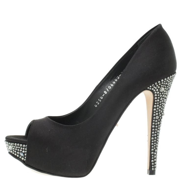Pre Owned Gina Black Crystal Embellished Satin Platform Pumps Size 37.5