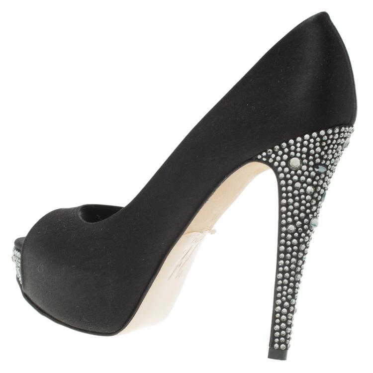 Pre Owned Gina Black Crystal Embellished Satin Platform Pumps Size 37.5