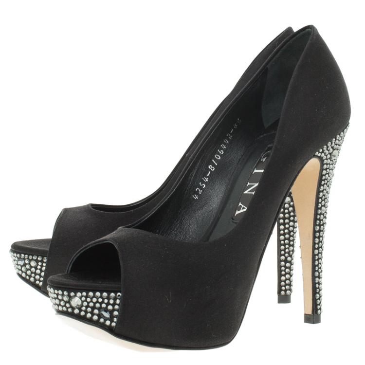 Pre Owned Gina Black Crystal Embellished Satin Platform Pumps Size 37.5