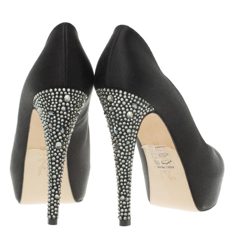 Pre Owned Gina Black Crystal Embellished Satin Platform Pumps Size 37.5