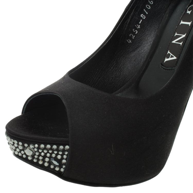 Pre Owned Gina Black Crystal Embellished Satin Platform Pumps Size 37.5