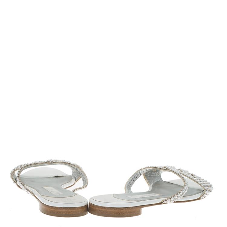 Pre Owned Gina White Embellished Slides Size 39