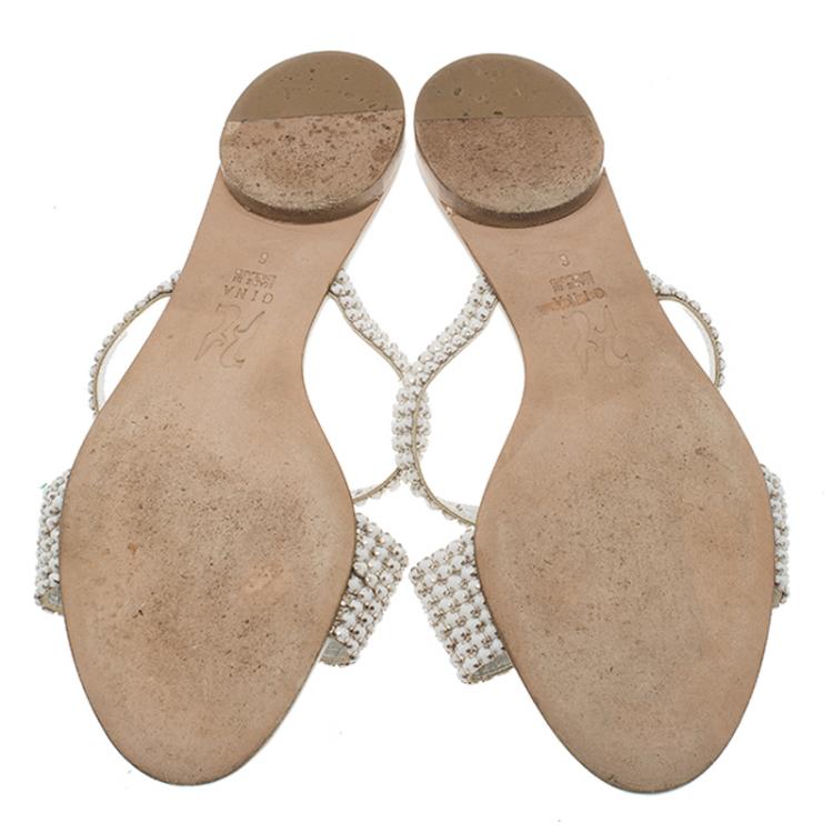 Pre Owned Gina White Embellished Slides Size 39