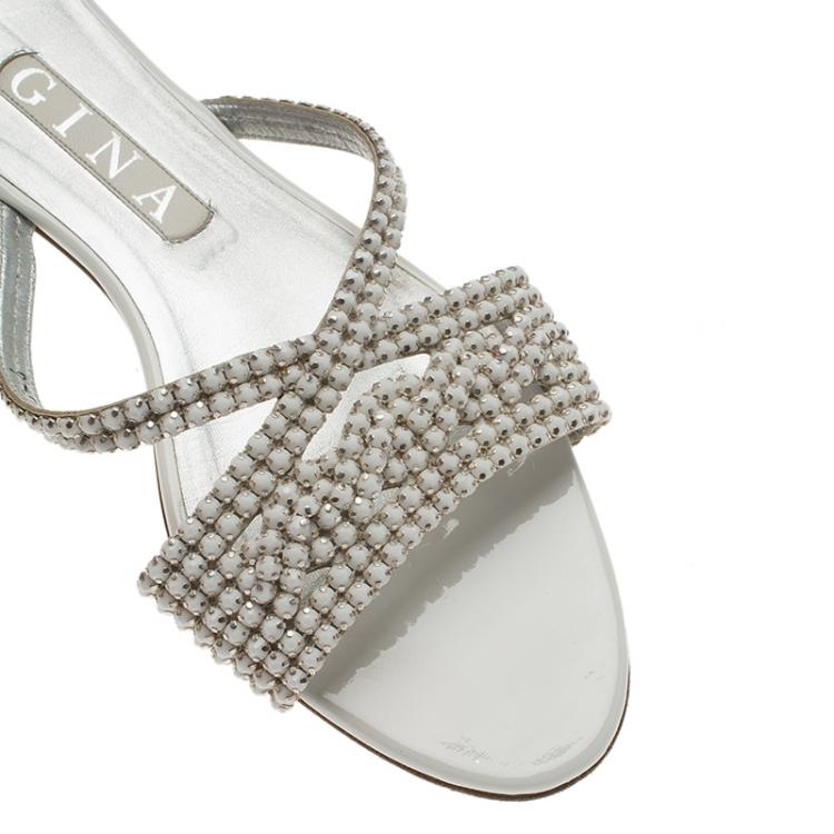 Pre Owned Gina White Embellished Slides Size 39
