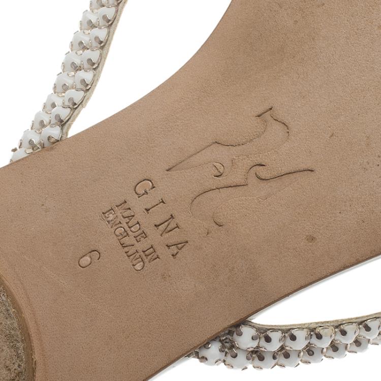 Pre Owned Gina White Embellished Slides Size 39