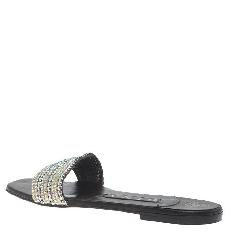 Pre Owned Gina Black Leather Embellished Flat Sandals Size 37.5