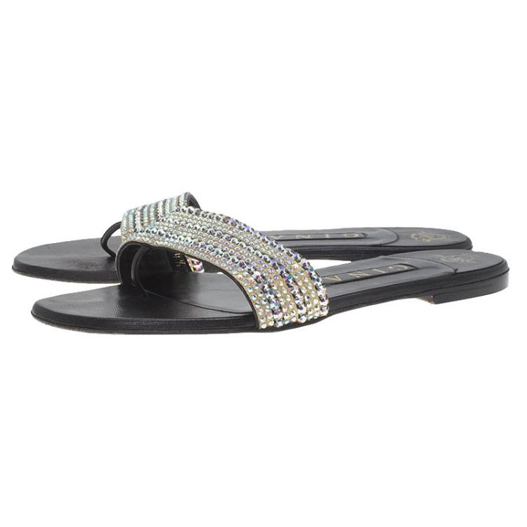 Pre Owned Gina Black Leather Embellished Flat Sandals Size 37.5