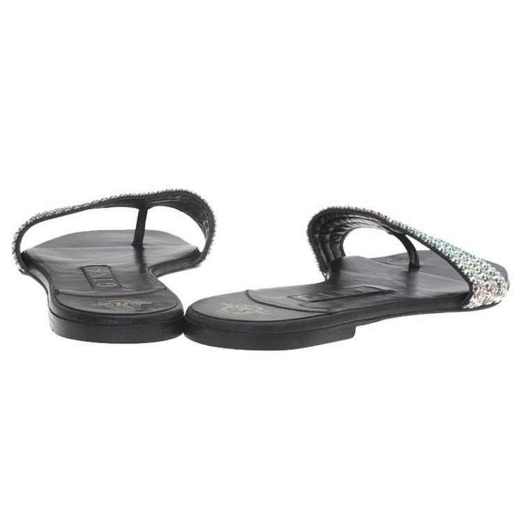 Pre Owned Gina Black Leather Embellished Flat Sandals Size 37.5