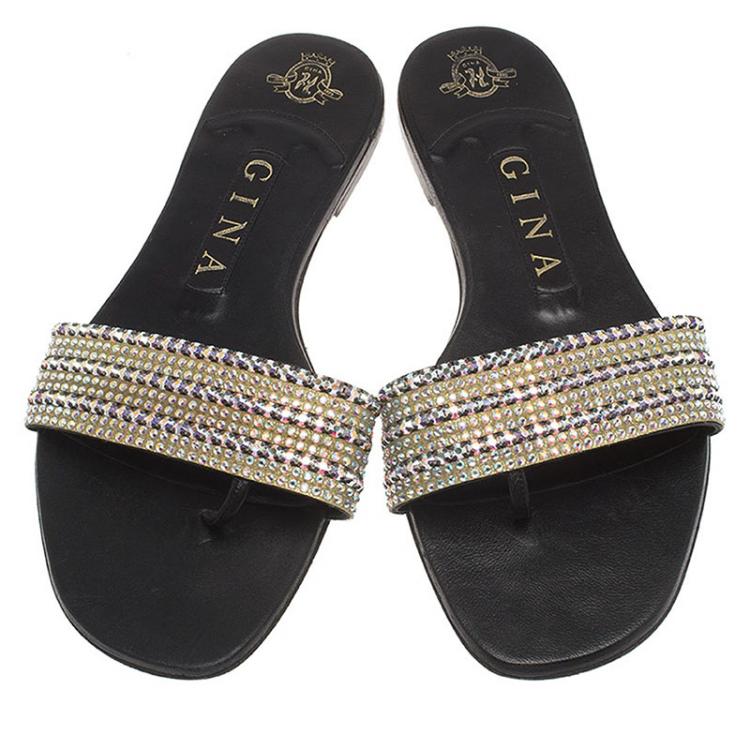 Pre Owned Gina Black Leather Embellished Flat Sandals Size 37.5