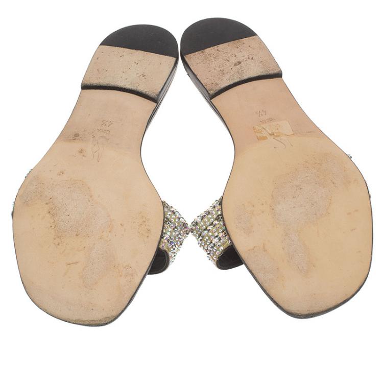 Pre Owned Gina Black Leather Embellished Flat Sandals Size 37.5