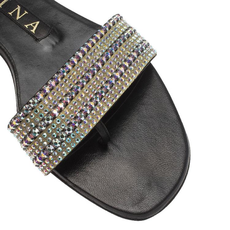 Pre Owned Gina Black Leather Embellished Flat Sandals Size 37.5